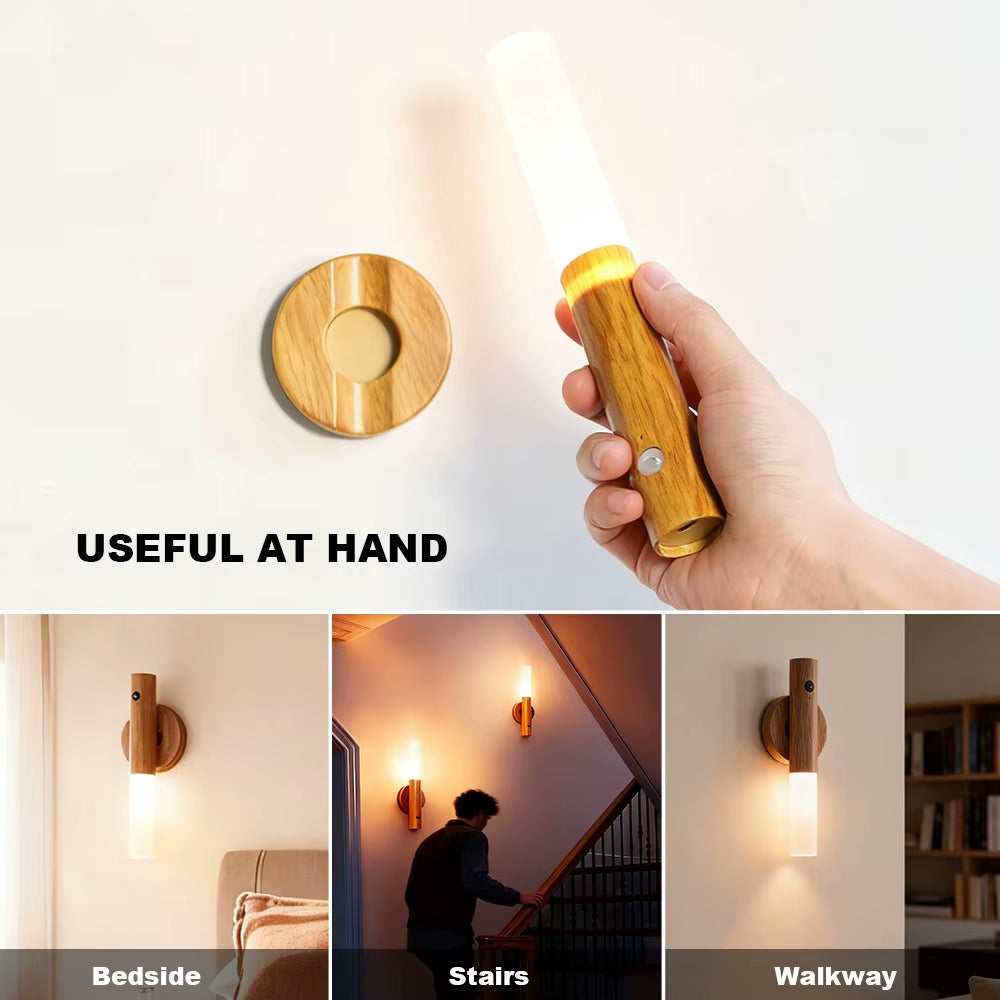 Wood Grain Rechargeable Smart Motion Sensor LED Wall Lamp Charging Magnetic Suction Dimmable Nighe Light LED Wall Sconces